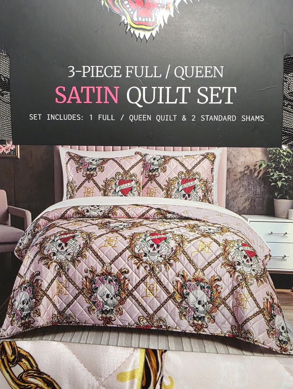 Ed Hardy Queen Skulls Pink 3 pcs Satin Quilt Set Halloween New